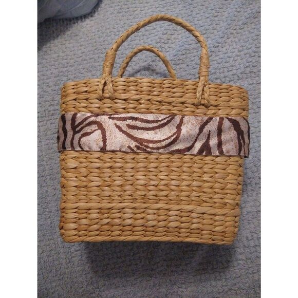 Straw bow print Zebra Straw Basket handbag Boho Beachy Vintage - Picture 3 of 8